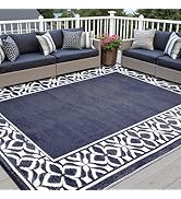 PureCozy Outdoor Plastic Straw Rug Navy Blue Large Outside Waterproof Outdoor Patio 9x12 Carpet G...