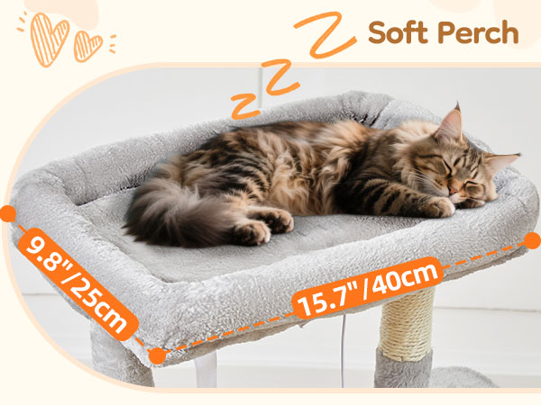Text reads 'Soft Perch' with dimensions '15.7"/40cm' and '28.7cm'. Product images showing gray cat bed or window perch with striped cat lounging on it.