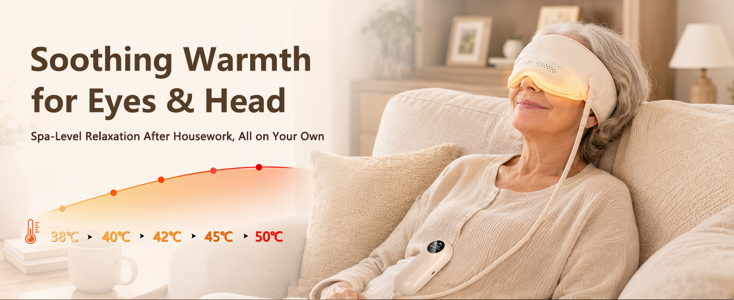 Heated eye and head massager with gentle warmth for relaxing home spa care