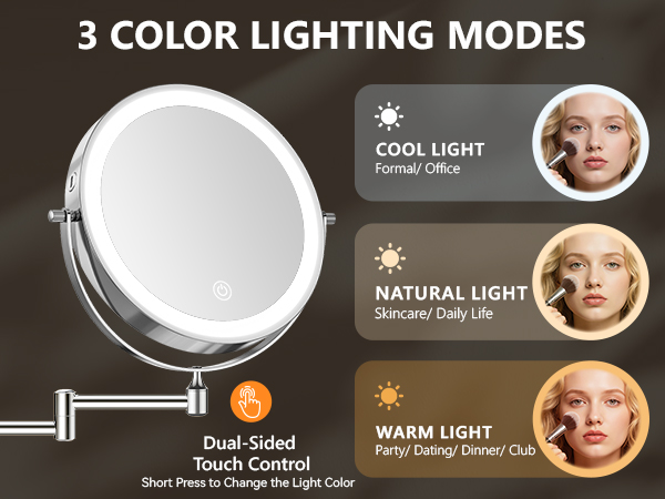 3 light modes (cool, natural, warm) for flawless makeup, skincare and facial care