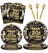96Pcs 30th Happy Birthday Tableware Set Black Gold Disposable Paper Plates and Napkins with Forks...