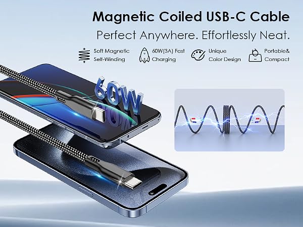 Coiled USB C to USB C cable braid