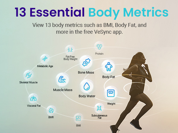 View 13 body metrics such as BMI, Body Fat, and more in the VeSync app.