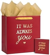 WRAPAHOLIC 10.5" Valentine's Day Gift Bags with Card and Tissue Paper - Always You Red and Gold P...