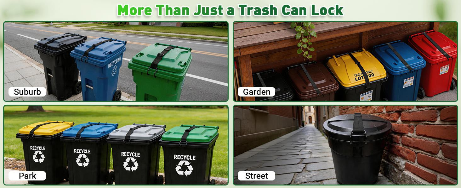 Fits 28-96 gal bins, round/square. Home, garden, park, recycling. One strap.