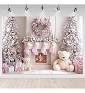 Mocsicka Pink Christmas Backdrop Christmas Fireplace Photography Background Decorations Cute Bear...