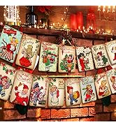 Vintage Christmas Decorations - Retro Xmas Banner with Santa Claus & Candy Cane Garland - Indoor/...