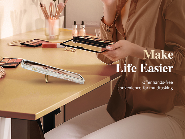 Hands-free phone holder clipped to table edge, supporting a smartphone. Text overlay reads 'Make Life Easier'.