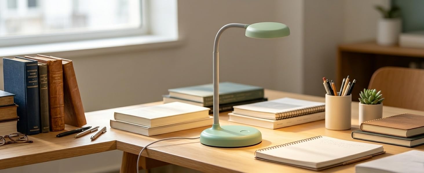 lamp on a desk piled of books