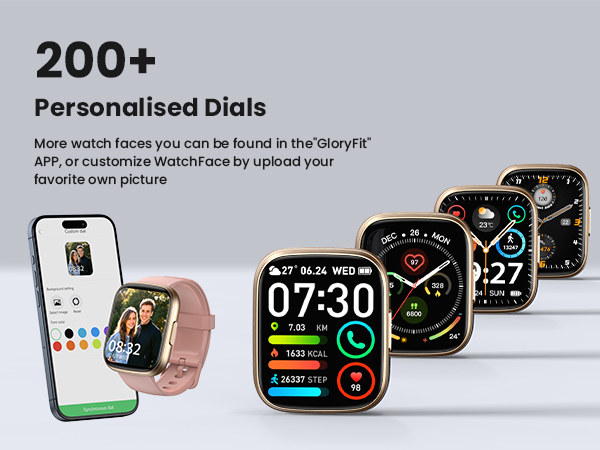 Text reads '200+ Personalised Dials'. Multiple smartwatch faces displayed showing different digital interfaces, with phone displaying customization app. Watches feature rose gold and black finishes.