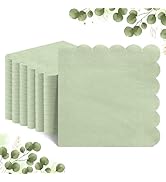 Stack of mint green paper napkins with scalloped edges, featuring a decorative eucalyptus leaf pattern border.