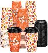 Whaline 50 Pcs Hello Fall Coffee Paper Cups Autumn Leaves Pumpkin 16oz Disposable Cups with Lids ...