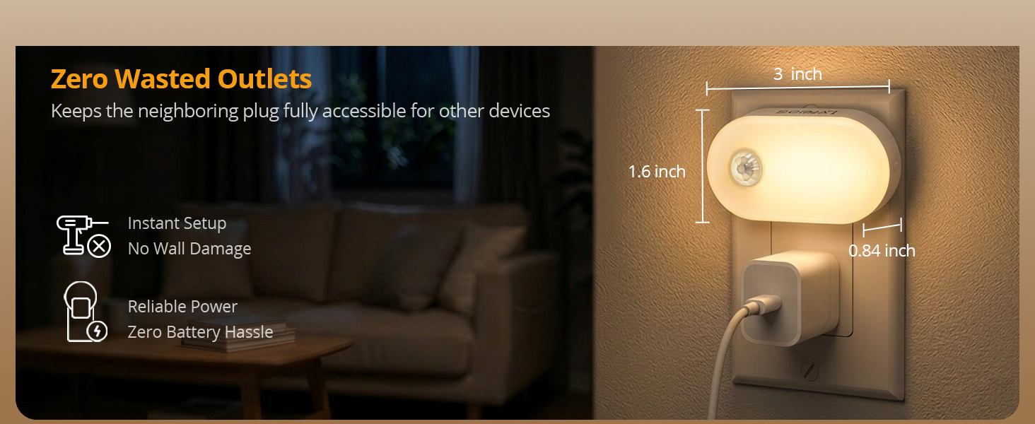 Space-saving plug-in night light with zero wasted outlets.