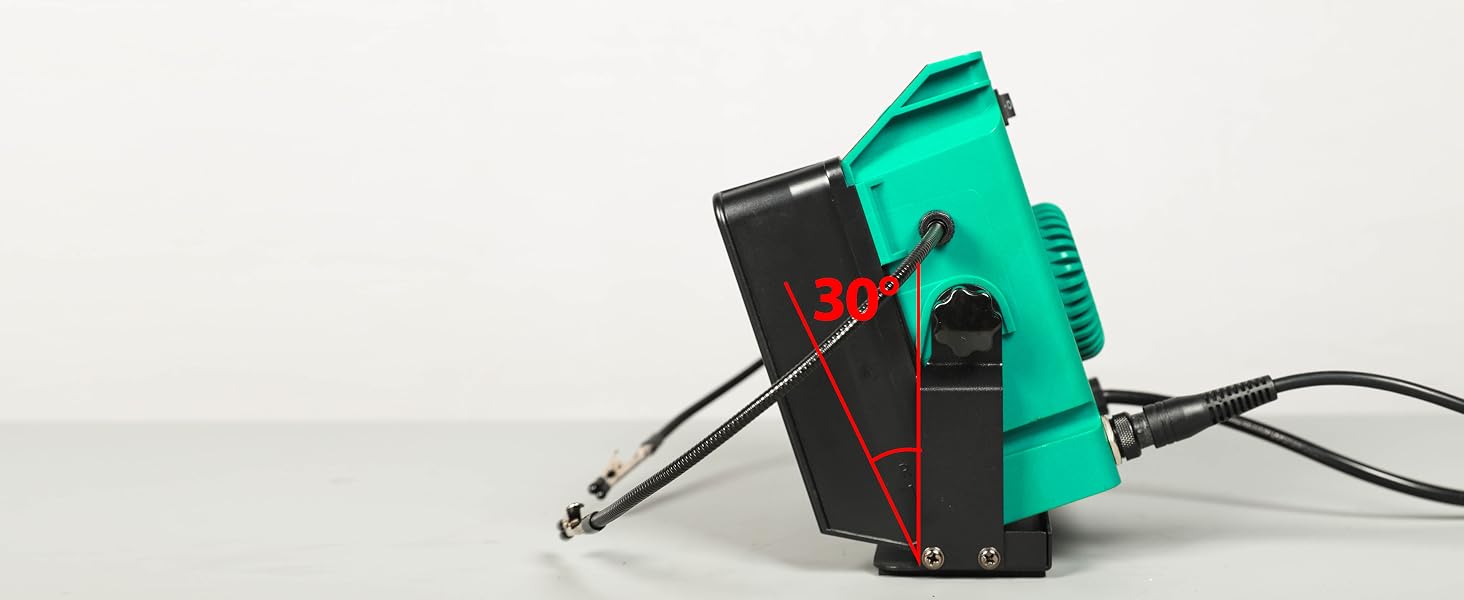 The fume extractor provides a 30° adjustable tilt angle