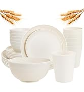 Rubtlamp 24 Pcs Wheat Straw Dinnerware Sets, Unbreakable Reusable Plastic Wheat Straw Bowls & Pla...