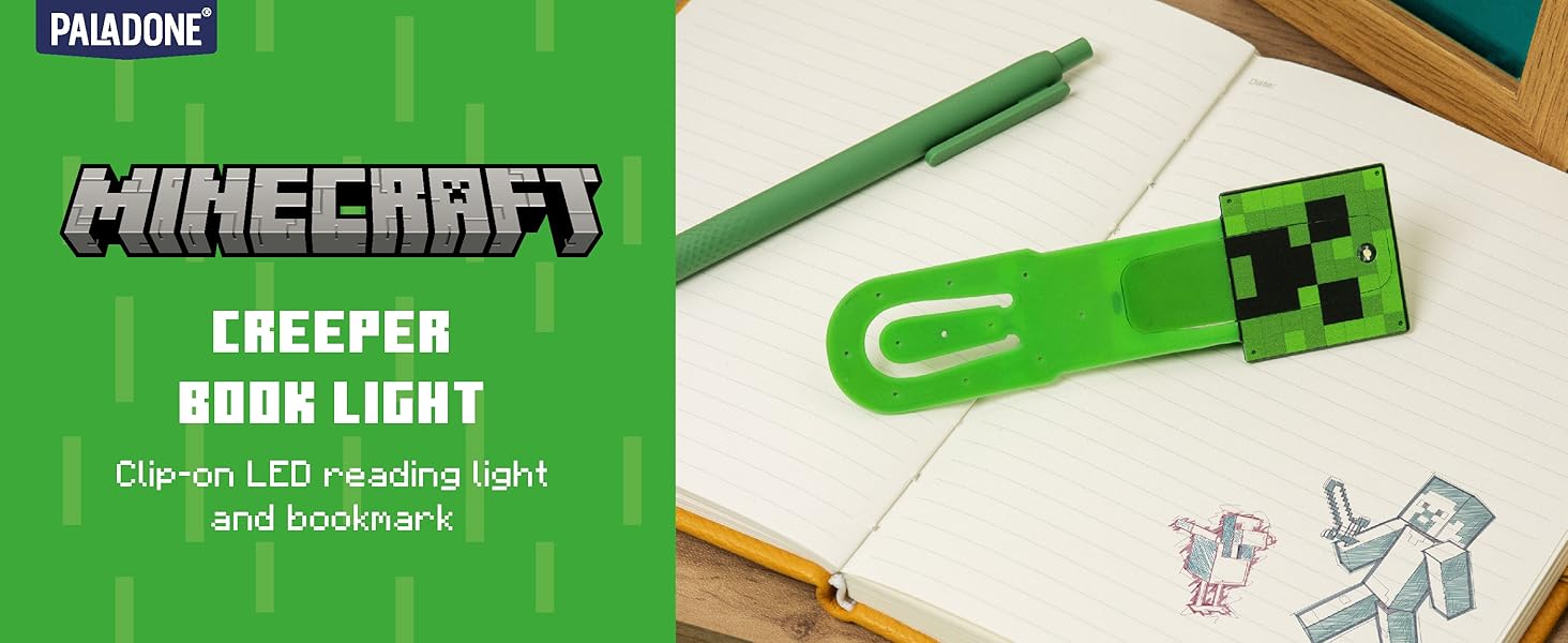 Paladone Minecraft Creeper ClipOn LED Reading Light & Bookmark, Officially Licensed Gifts for Gamers