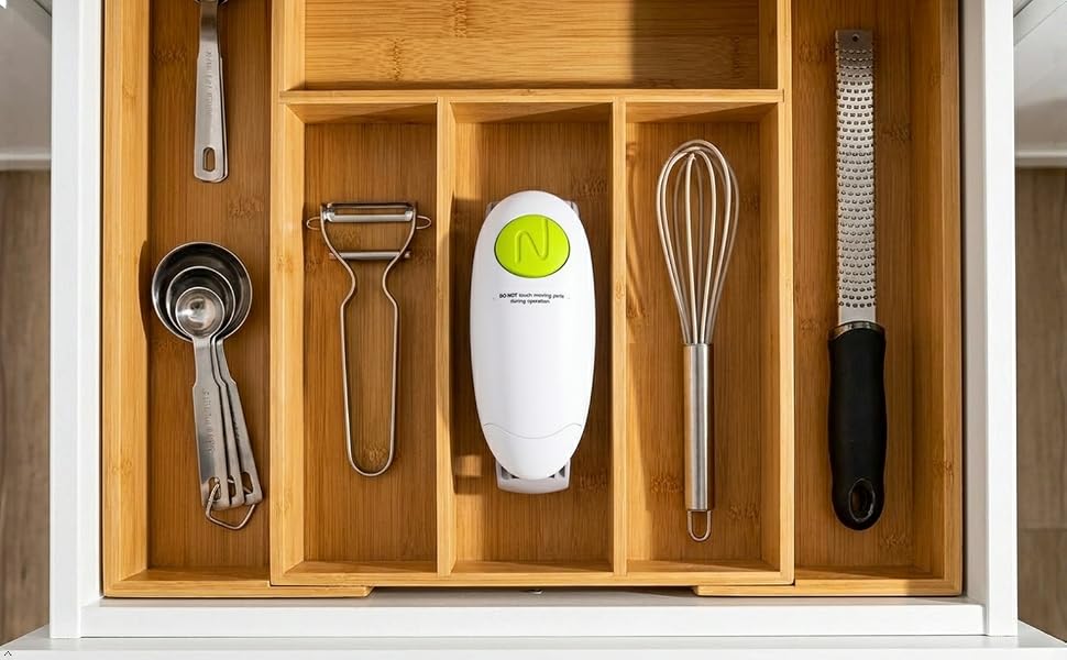 Compact electric jar opener, space-saving design fits easily in kitchen utensil drawer