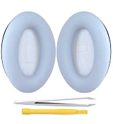 Pair of oval-shaped white replacement ear cushions for headphones. 'L' and 'R' markings visible. Includes silver pry tool and yellow screwdriver for installation.