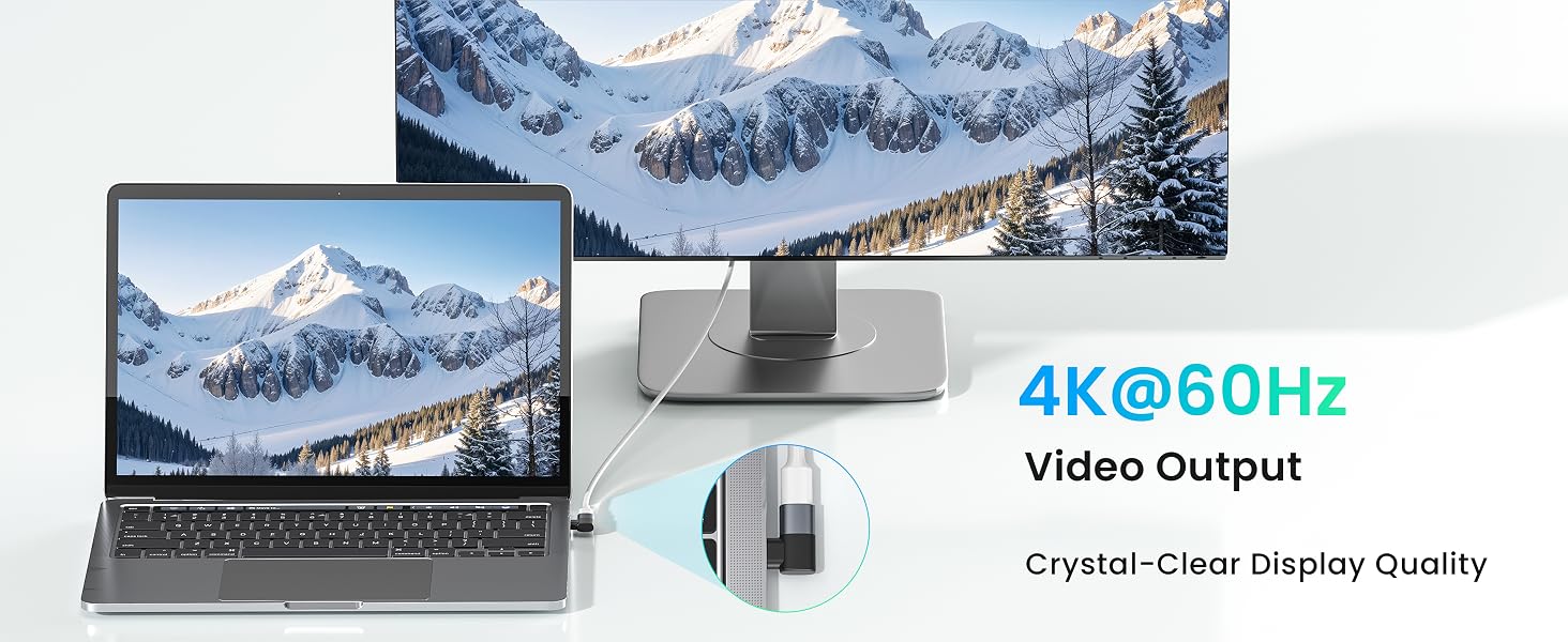 Text reads '4K@60Hz', 'Video Output', 'Crystal-Clear Display Quality'. Shows laptop display connectivity feature with multiple monitor setup illustrations.