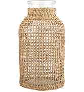 DOITOOL Glass Flower Vase with Rattan Cover, 6.29" Tall Rattan Vase, Wicker for Flowers, Boho Dec...