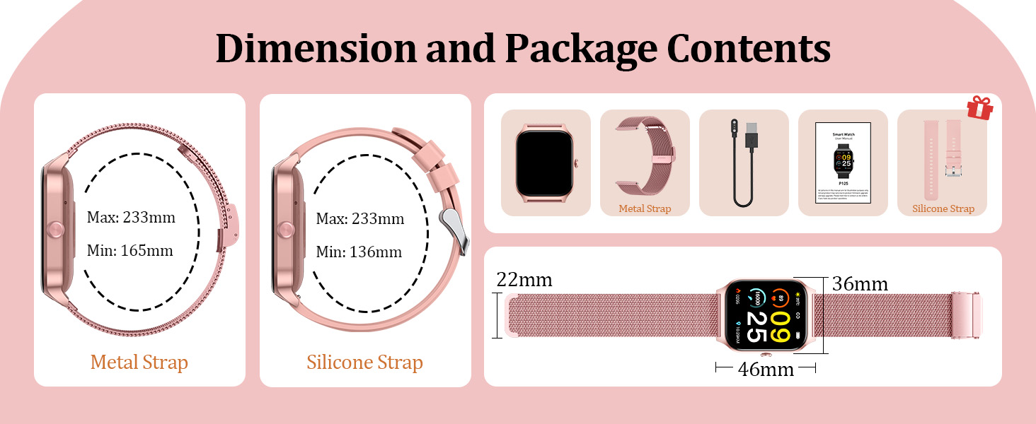 Text reads "Dimension and Package Contents". Pink-themed infographic displaying product dimensions, included accessories, and smartwatch components with measurement circles.