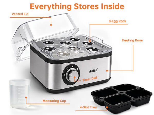 Text reads 'Everything Stores Inside', 'Steamer Lid', 'Heating Base', 'Measuring Cup', '6 Egg Trays'. Silver and black multi-function cooker with labeled parts and detachable steaming tray displayed.