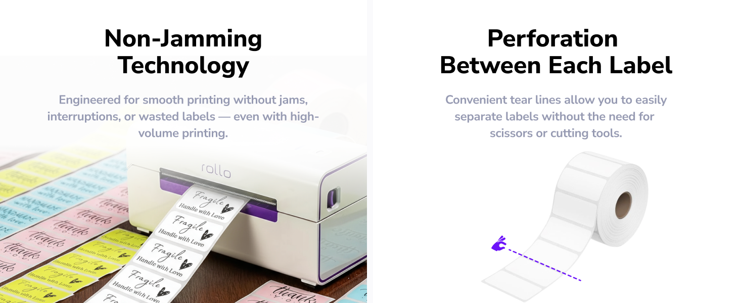 non jamming technology engineered smooth printing no jam perforated labels tear lines