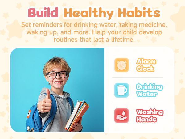 Promotional image for a children's habit-building app. Features icons for alarm clock, drinking water, and washing hands. Text emphasizes setting reminders for healthy routines.