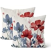 DAFENA 4th of July Floral Pillow Covers 18x18 Inch 2 Pcs Watercolor Red Blue Flower Outdoor Patri...