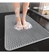 QiCaiJia Non Slip Shower Mat, 16x27 Exfoliating Foot Scrubber Mat with Suction Cups and Drain Hol...