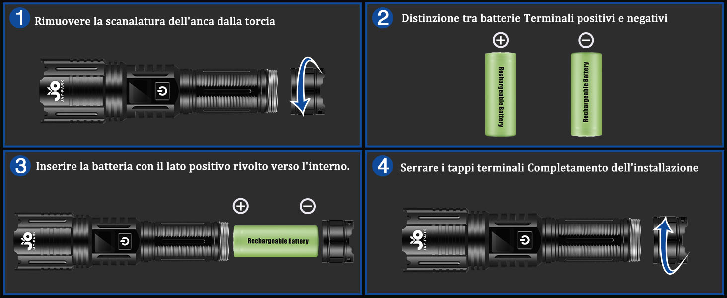 Flashlight assembly instructions. Three-step guide showing battery insertion and terminal connection for a black cylindrical flashlight.