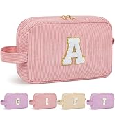 WELIDAY Personalized Initial Makeup Bag, Travel Chenille Patch Cosmetic Bag, Preppy Corduroy Toil...
