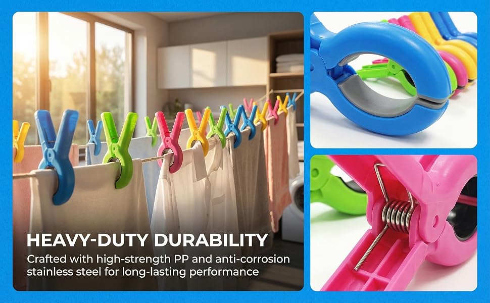 Durable colorful laundry clips with anti-corrosion springs.