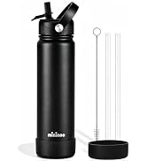 Mininoo 24 oz Insulated Ceramic-Lined Water Bottle with Straw, Black | Double-Wall Insulation, Du...