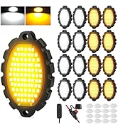 16 Pods Metal 1328 LEDs White/Amber Rock Lights with Switch Wiring Harness,Super Bright Underglow...