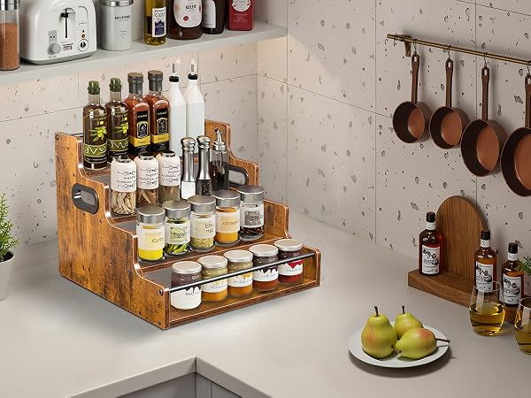 Kitchen spice rack organizer, rustic 4-tier seasoning bottle holder for countertop storage.