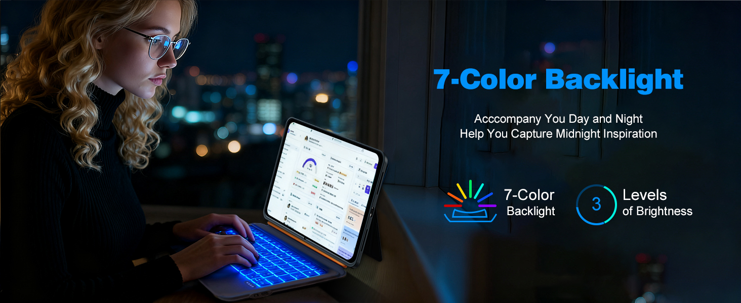 Text reads '7-Color Backlight' and 'Levels of Brightness'. Marketing image showing device with multicolored backlight feature against dark background with glowing effects.