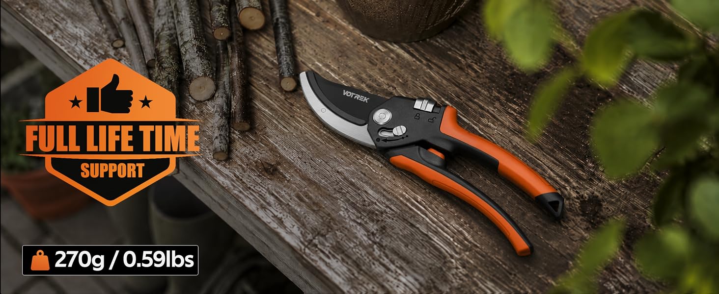 Text reads 'FULL LIFETIME WARRANTY' and '270g / 0.59lbs'. Orange and black multi-tool with knife and pliers displayed on woven surface.