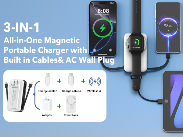 All-in-One Magnetic Portable Charger with Built in Cables& AC Wall Plug