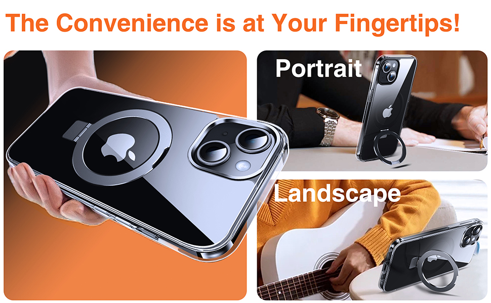 Split image showcasing a smartphone case with magnetic ring. Left shows case, right demonstrates portrait and landscape phone stands using the ring.