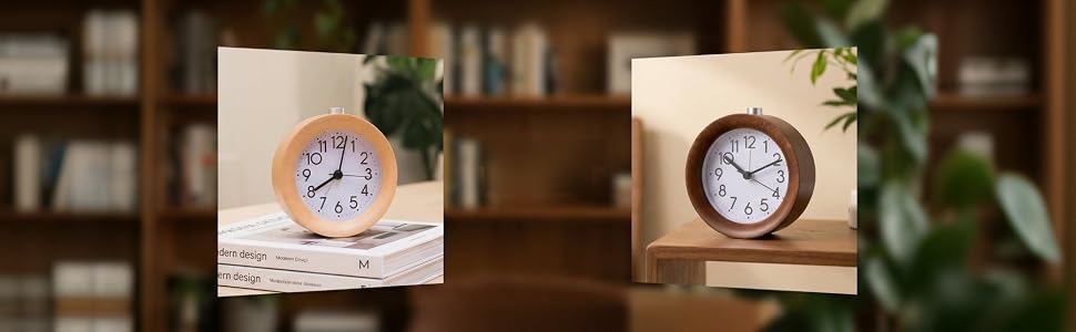 Two square wall clocks with white faces displayed on a blurred bookshelf background. Left clock features blue and orange design elements; right clock shows traditional numbering. Both mounted on white square frames.