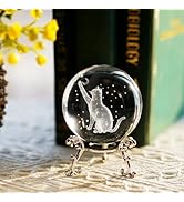 60mm 3D Laser Etched Cat Crystal Ball with Moon Stars Cat Glass Paperweight Figurine for Cats Lov...