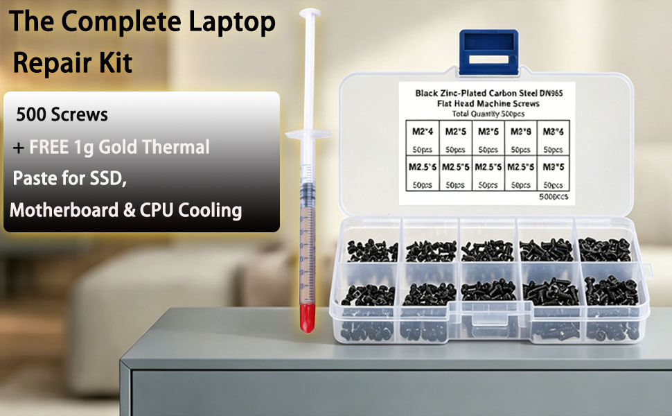 Laptop repair kit: 500 screws and 1g gold thermal paste banner, laptop repair, kit