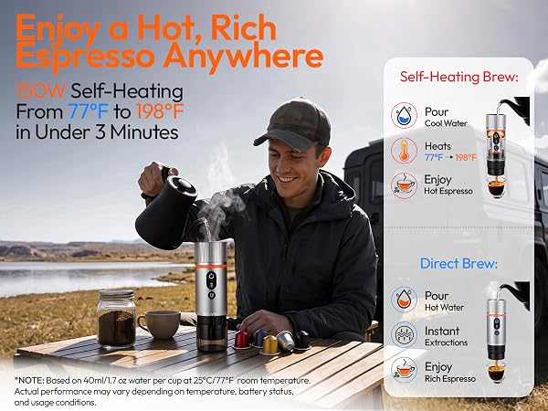Prepare to make a cup of hot espresso using a espresso maker outdoors