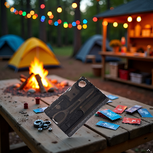 A rugged outdoor scene with a backpack, compass, and the product lying on a rocky surface.