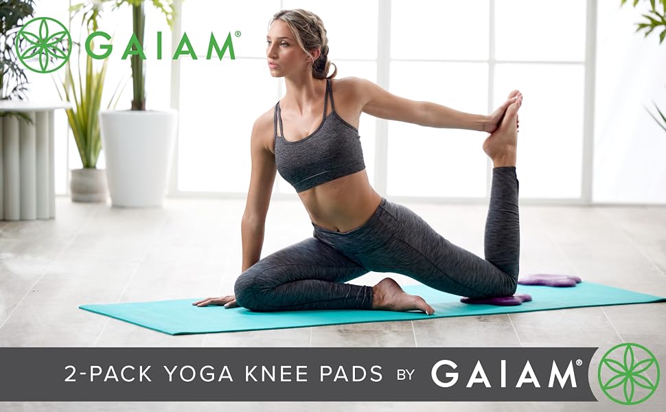 Woman practicing yoga on mat using Gaiam knee pads for added comfort and joint support
