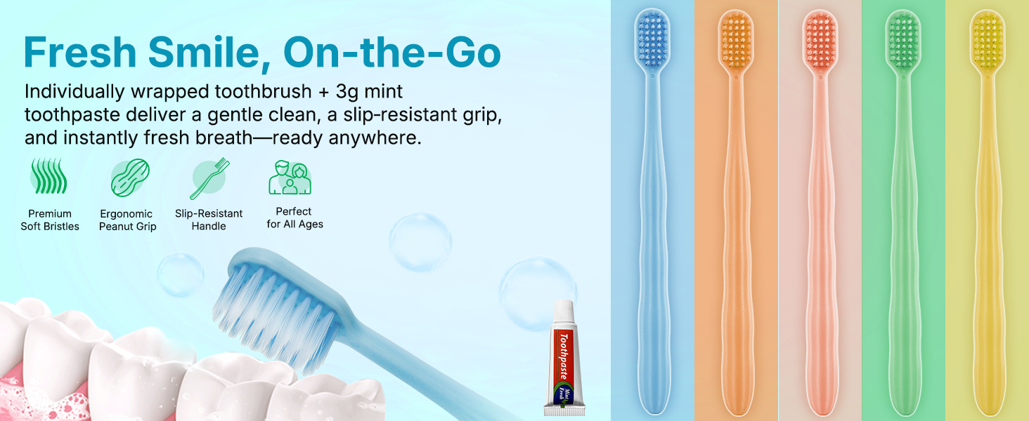 Travel toothbrush with 3g mint toothpaste; individually wrapped, soft bristles, non-slip