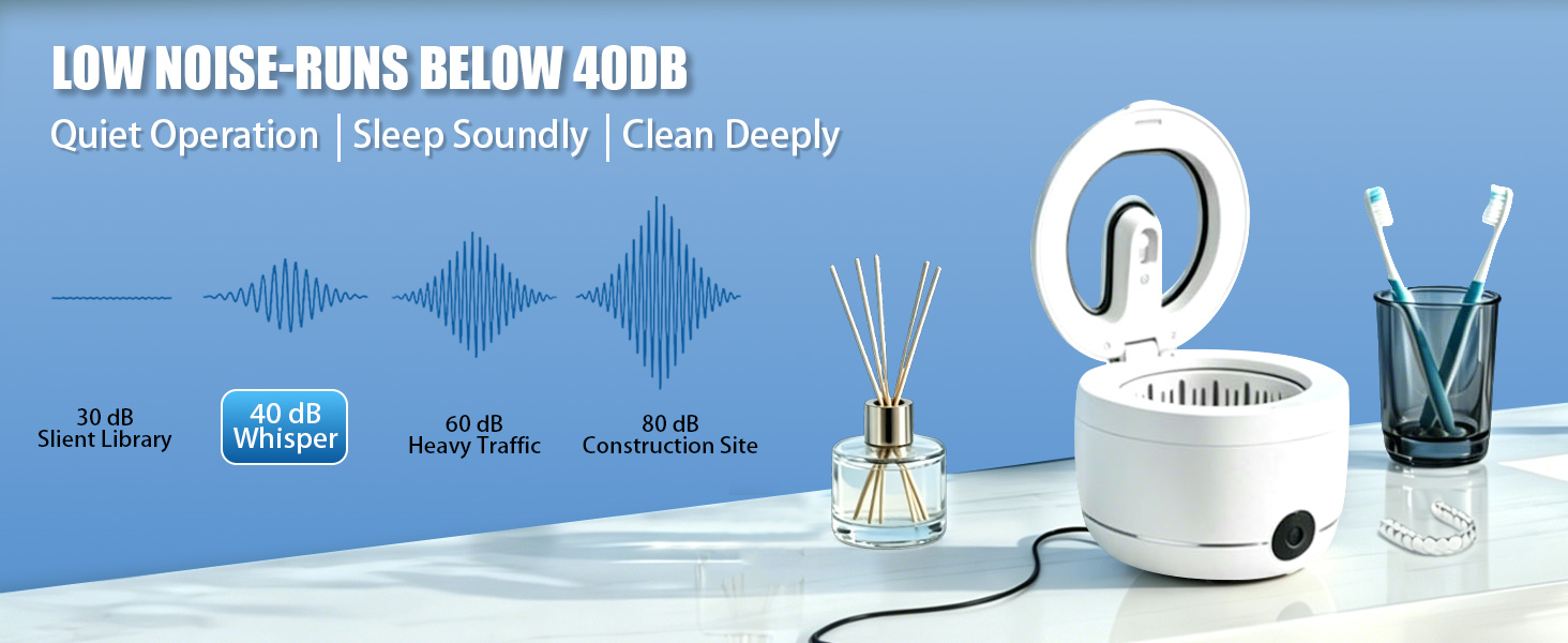 Ultrasonic cleaner noise level below 40 dBs, equivalent to a whisper for peaceful nightstand use.