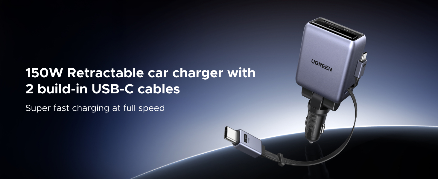 150W retractable car charger with two build-in USB-C cables