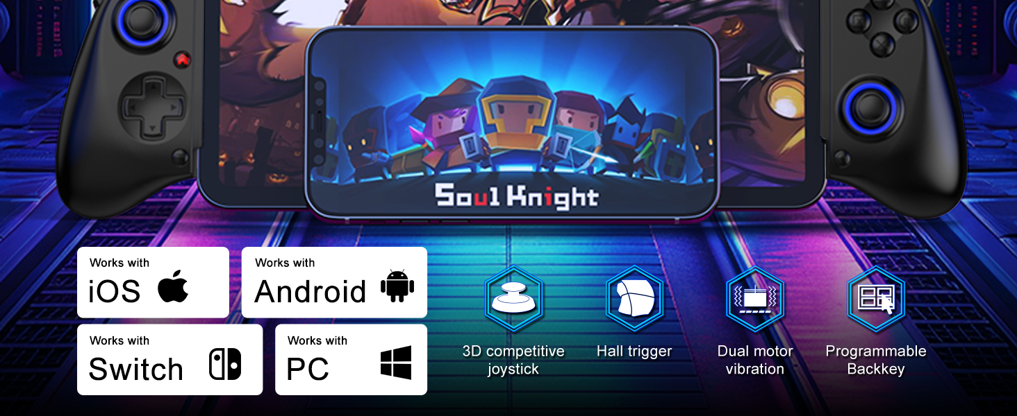 Text reads 'Android', 'Windows', 'PC', 'IOS'. Desktop entertainment setup with blue-lit monitor displaying colorful interface, dual black speakers, and OS compatibility icons displayed below screen.